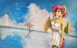 Size: 2000x1250 | Tagged: safe, artist:rain-gear, character:fluttershy, species:anthro, alternate hairstyle, blushing, clothing, cloud, cloudy, dress, female, heart, reflection, sky, smiling, solo, swing, tree, water