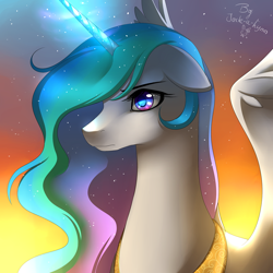 Size: 900x900 | Tagged: safe, artist:jacky-bunny, character:princess celestia, species:alicorn, species:pony, bust, female, glowing horn, horn, mare, signature, solo