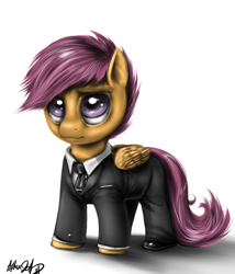 Size: 1000x1166 | Tagged: safe, artist:aphexangel, character:scootaloo, species:pegasus, species:pony, g4, business suit, businessmare, clothing, female, filly, simple background, solo, suit, suitaloo, white background