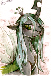 Size: 507x756 | Tagged: safe, artist:mi-eau, edit, character:queen chrysalis, species:changeling, changeling queen, female, quadrupedal, sketch, solo, tongue out, traditional art