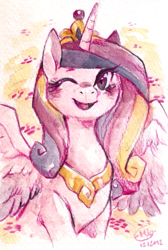 Size: 467x694 | Tagged: safe, artist:mi-eau, edit, character:princess cadance, species:alicorn, species:pony, blushing, cute, cutedance, female, looking at you, mare, open mouth, portrait, smiling, solo, spread wings, traditional art, wings, wink
