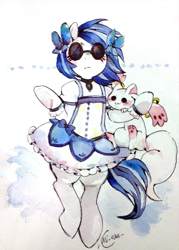 Size: 1112x1555 | Tagged: safe, artist:mi-eau, edit, character:dj pon-3, character:vinyl scratch, alien, clothing, cropped, crossover, dress, female, glasses, incubator (species), kyubey, magical girl, puella magi madoka magica, solo, traditional art, watercolor painting