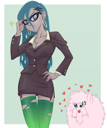 Size: 1080x1285 | Tagged: safe, artist:ta-na, character:queen chrysalis, oc, oc:fluffle puff, species:human, ship:chrysipuff, my little pony:equestria girls, blep, business suit, businessalis, businessmare, canon x oc, cleavage, clothing, dress, dress suit, equestria girls-ified, fangs, female, garters, glasses, heart, holey clothes, humanized, lesbian, looking at you, shipping, side slit, skirt, skirt suit, socks, stockings, suit, thigh highs, tongue out, tube skirt, zettai ryouiki