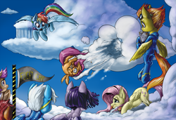 Size: 900x616 | Tagged: safe, artist:aphexangel, character:fleetfoot, character:fluttershy, character:rainbow dash, character:scootaloo, character:spitfire, species:pegasus, species:pony, ask stalkerloo, cloud, cloudy, flight camp, flying, mouth hold, notepad, pencil, tongue out, underhoof, wonderbolts uniform, xanaxshy