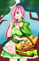 Size: 792x1224 | Tagged: safe, artist:handmantoot, character:fluttershy, species:human, basket, cape, clothing, dress, female, humanized, picnic basket, solo