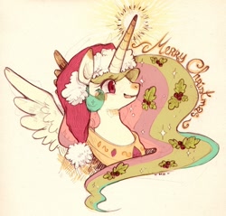 Size: 656x628 | Tagged: dead source, safe, artist:mi-eau, character:princess celestia, species:alicorn, species:pony, bust, christmas, clothing, cute, featured on derpibooru, female, glowing horn, hat, holly, magic, mare, open mouth, photoshop, portrait, profile, santa hat, smiling, solo, spread wings, wings
