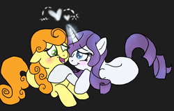 Size: 2408x1544 | Tagged: safe, artist:enigmaticfrustration, character:carrot top, character:golden harvest, character:rarity, species:earth pony, species:pony, species:unicorn, ship:carrity, blushing, crack shipping, female, floppy ears, lesbian, mare, prone, rarepair, shipping, simple background