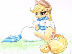 Size: 3300x2480 | Tagged: safe, artist:prettypinkpony, character:applejack, oc, oc:constance everheart, blushing, canon x oc, comforting, crying, cuddling, everjack, hug, shipping, snuggling