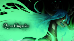 Size: 1920x1080 | Tagged: safe, artist:hashioaryut, character:queen chrysalis, species:changeling, changeling queen, evil face, fangs, female, solo, wallpaper