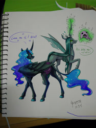 Size: 3120x4160 | Tagged: safe, artist:begasus, character:nightmare moon, character:princess luna, character:queen chrysalis, species:alicorn, species:changeling, species:classical unicorn, species:pony, ship:chrysmoon, changeling queen, cute, cutealis, female, leonine tail, lesbian, mare, moonabetes, realistic horse legs, shipping, traditional art