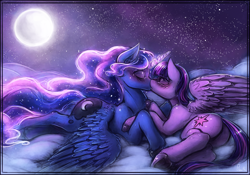 Size: 2560x1792 | Tagged: safe, artist:bantha, character:princess luna, character:twilight sparkle, character:twilight sparkle (alicorn), species:alicorn, species:pony, ship:twiluna, g4, blushing, cloud, cloudy, cute, eyes closed, female, glowing horn, horn, horns are touching, kissing, lesbian, lying down, magic, magic aura, mare, missing accessory, moon, night, on side, plot, profile, prone, shipping, signature, sky, spread wings, twibutt, underhoof, unshorn fetlocks, wallpaper, wings