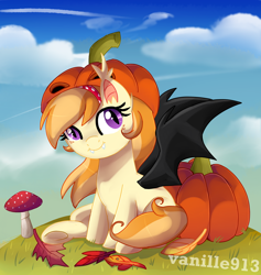 Size: 1280x1353 | Tagged: safe, artist:spookyle, oc, oc only, oc:pumpkin patch, species:bat pony, species:pony, cute, pumpkin, solo