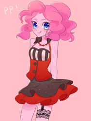 Size: 1200x1600 | Tagged: safe, artist:kkmrarar, character:pinkie pie, species:human, clothing, dress, female, humanized, looking at you, pink background, simple background, smiling, solo, tongue out