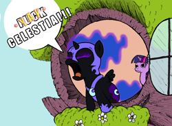 Size: 1280x944 | Tagged: safe, artist:darkone10, artist:darkponysoul, character:nightmare moon, character:princess luna, character:twilight sparkle, censored, cute, eyes closed, filly, frown, nightmare woon, open mouth, unamused, vulgar, window, yelling
