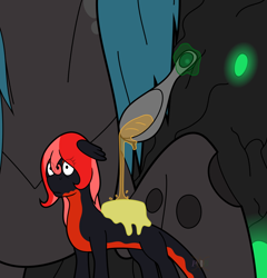 Size: 1132x1180 | Tagged: safe, artist:parallel black, character:queen chrysalis, oc, oc:mave, species:changeling, alp-luachra, butter, imminent vore, original species, spoon, syrup