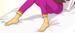 Size: 649x283 | Tagged: safe, artist:ta-na, edit, character:sunset shimmer, barefoot, bed, clothing, cropped, feet, female, legs, pajamas, pictures of legs, solo