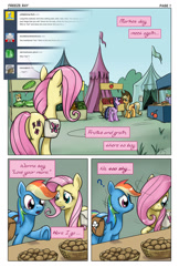 Size: 825x1275 | Tagged: safe, artist:giantmosquito, character:applejack, character:fluttershy, character:rainbow dash, character:sea swirl, ship:flutterdash, apple, cherry, comic, dr adorable, dr. horrible's sing-along blog, female, freeze ray, lesbian, market, saddle bag, shipping, song reference, tumblr, watermelon