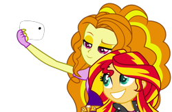 Size: 4564x2998 | Tagged: safe, artist:mit-boy, character:adagio dazzle, character:sunset shimmer, ship:sunsagio, my little pony:equestria girls, absurd resolution, cellphone, clothing, female, fingerless gloves, gloves, leather jacket, lesbian, phone, selfie, shipping, smartphone, smiling, when she smiles