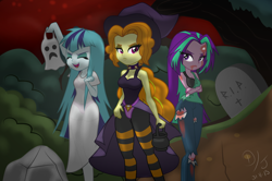Size: 2416x1600 | Tagged: safe, artist:discorded-joker, character:adagio dazzle, character:aria blaze, character:sonata dusk, my little pony:equestria girls, alternate hairstyle, belly button, black underwear, bra, clothing, costume, cross, dress, eyes closed, female, ghost, ghost costume, halloween, halloween costume, open mouth, panties, pink underwear, see-through, sleeveless, spooky, spooky's house of jump scares, tank top, the dazzlings, torn clothes, underwear, witch, zombie