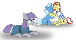 Size: 1024x545 | Tagged: safe, artist:susiebeeca, character:flam, character:maud pie, character:trixie, species:pony, species:unicorn, eyes closed, female, flaxie, implied lesbian, implied mauxie, implied shipping, male, mare, nuzzling, prone, shipping, simple background, sitting, smiling, straight, white background