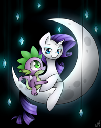 Size: 2480x3153 | Tagged: safe, artist:jadekettu, character:rarity, character:spike, ship:sparity, crescent moon, cute, female, male, moon, shipping, straight, tangible heavenly object, transparent moon