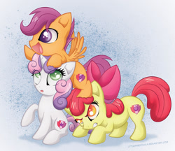 Size: 1280x1105 | Tagged: safe, artist:littlehybridshila, character:apple bloom, character:scootaloo, character:sweetie belle, species:pegasus, species:pony, episode:crusaders of the lost mark, g4, my little pony: friendship is magic, angry, apple bloom is not amused, cute, cutie mark, cutie mark crusaders, standing on head, the cmc's cutie marks, this will end in angry countryisms, tower of pony