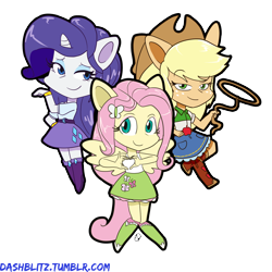 Size: 1280x1280 | Tagged: safe, artist:manic-the-lad, character:applejack, character:fluttershy, character:rarity, my little pony:equestria girls, a dash of everything, boots, chibi, clothing, cowboy hat, denim skirt, hat, horn, ponied up, skirt, socks, stetson, tank top