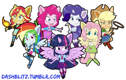 Size: 4920x3104 | Tagged: safe, artist:manic-the-lad, character:applejack, character:fluttershy, character:pinkie pie, character:rainbow dash, character:rarity, character:sunset shimmer, character:twilight sparkle, character:twilight sparkle (alicorn), species:alicorn, my little pony:equestria girls, chibi, horn, humane seven, mane six, ponied up