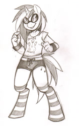 Size: 1044x1661 | Tagged: safe, artist:collaredginger, character:dj pon-3, character:vinyl scratch, species:anthro, species:unguligrade anthro, bracelet, clothing, female, jewelry, monochrome, socks, solo, striped socks, traditional art, wristband