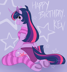 Size: 1280x1363 | Tagged: safe, artist:collaredginger, character:twilight sparkle, character:twilight sparkle (unicorn), species:anthro, species:pony, species:unicorn, booty shorts, clothing, dialogue, female, kevinsano's birthday, kneeling, looking at you, looking back, looking back at you, looking over shoulder, mare, rear view, socks, solo, striped socks, stripes