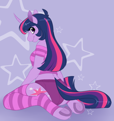 Size: 1280x1363 | Tagged: safe, artist:collaredginger, character:twilight sparkle, character:twilight sparkle (unicorn), species:anthro, species:pony, species:unguligrade anthro, species:unicorn, clothing, female, kneeling, leg warmers, looking at you, looking back, looking back at you, looking over shoulder, mare, rear view, shirt, shorts, socks, solo, striped socks, underhoof