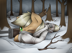 Size: 2600x1900 | Tagged: safe, artist:jadekettu, character:applejack, species:earth pony, species:pony, clothing, female, finland, forest, gun, hooves, lying down, mare, one eye closed, prone, rifle, simo häyhä, sniper, sniper rifle, snow, solo, tree, war, weapon, white death, winter, winter war