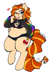 Size: 1132x1648 | Tagged: safe, artist:collaredginger, oc, oc only, oc:honeycane, species:anthro, species:pony, species:unguligrade anthro, arm hooves, belly, belly button, bikini top, booty shorts, bra, chubby, clothing, female, glasses, hoodie, mare, midriff, plump, simple background, solo, tongue out, underwear, white background