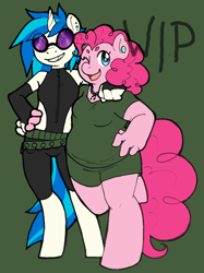 Size: 2124x2845 | Tagged: safe, artist:collaredginger, character:dj pon-3, character:pinkie pie, character:vinyl scratch, species:anthro, species:unguligrade anthro, chubby, clothing, fat, female, lesbian, shipping, vinylpie
