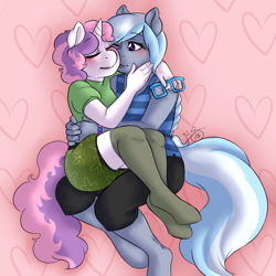 Size: 4000x4000 | Tagged: safe, artist:collaredginger, character:silver spoon, character:sweetie belle, species:anthro, species:earth pony, species:pony, species:unguligrade anthro, species:unicorn, ship:silverbelle, blushing, clothing, cuddling, eyes closed, female, glasses, glasses off, kneesocks, lesbian, mare, nuzzling, older, older silver spoon, older sweetie belle, one eye closed, shipping, socks, tank top