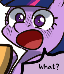 Size: 257x298 | Tagged: safe, artist:norang94, edit, character:applejack, character:twilight sparkle, cropped, exploitable meme, faec, meme, one word, purple smart, reaction image, shocked, surprised, wat, wide eyes