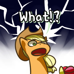 Size: 398x398 | Tagged: safe, artist:norang94, edit, character:apple bloom, character:applejack, cropped, exploitable meme, faec, meme, one word, open mouth, reaction image, shocked, surprised, wat