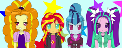 Size: 4771x1871 | Tagged: safe, artist:mit-boy, character:adagio dazzle, character:aria blaze, character:sonata dusk, character:sunset shimmer, equestria girls:rainbow rocks, g4, my little pony: equestria girls, my little pony:equestria girls, crossover, lucky star, the dazzlings