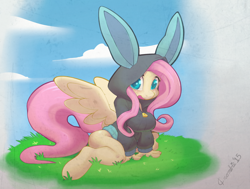 Size: 1280x968 | Tagged: safe, artist:crombiettw, edit, character:fluttershy, species:anthro, species:unguligrade anthro, bottomless, breasts, bunny ears, busty fluttershy, clothing, costume, cute, dangerous mission outfit, female, heart eyes, hoodie, kneeling, looking at you, open mouth, questionable source, shyabetes, solo, wingding eyes