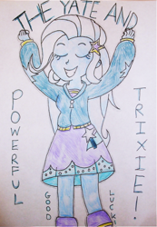 Size: 952x1376 | Tagged: safe, artist:blazingdazzlingdusk, character:trixie, my little pony:equestria girls, drawing, eyes closed, female, great and powerful, solo, traditional art