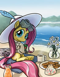 Size: 656x843 | Tagged: safe, artist:giantmosquito, character:fluttershy, species:pegasus, species:pony, beach, clothing, cookie, crossover, dr adorable, female, flower, goggles, hat, juice box, mare, sitting, solo, water