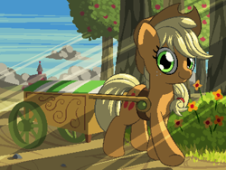 Size: 800x600 | Tagged: safe, artist:rangelost, character:applejack, apple, apple tree, bush, cart, clothing, cloud, cowboy hat, crepuscular rays, female, flower, food, hat, looking at you, pixel art, sky, smiling, solo, stetson, sweet apple acres, tree