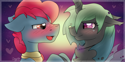 Size: 1024x512 | Tagged: safe, artist:littledreamycat, character:apple split, oc, species:changeling, episode:hearts and hooves day, g4, my little pony: friendship is magic, apple family member, blushing, canon x oc, cute, fanfic in the description, romance, shipping, story included