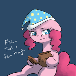 Size: 500x500 | Tagged: safe, artist:maplesunrise, character:pinkie pie, ask, ask snuggle pie, clothing, colored pupils, cookie jar, female, floppy ears, hat, nightcap, solo, tumblr