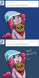 Size: 1000x2004 | Tagged: safe, artist:maplesunrise, character:pinkie pie, ask, ask snuggle pie, clothing, cute, dialogue, diapinkes, female, hat, nightcap, open mouth, solo, teddy bear, tumblr