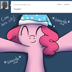 Size: 1000x1000 | Tagged: safe, artist:maplesunrise, character:pinkie pie, ask, ask snuggle pie, clothing, cute, diapinkes, eyes closed, female, hat, nightcap, offscreen character, pov, snuggling, solo, tumblr