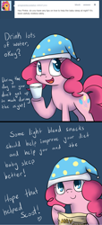 Size: 1000x2195 | Tagged: safe, artist:maplesunrise, character:pinkie pie, ask, ask snuggle pie, chips, clothing, female, hat, nightcap, solo, tumblr, water
