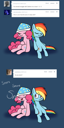 Size: 1000x2000 | Tagged: safe, artist:maplesunrise, character:pinkie pie, character:rainbow dash, ask, ask snuggle pie, clothing, hat, nightcap, sleeping, snoring, tumblr