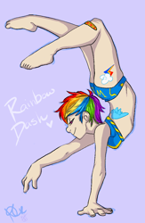 Size: 764x1170 | Tagged: safe, artist:collaredginger, artist:yeffyaboyuice, character:rainbow dash, backbend, bikini, clothing, colored, contortionist, female, flexible, handstand, humanized, short hair, solo, swimsuit, upside down
