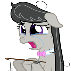 Size: 752x750 | Tagged: source needed, safe, artist:synch-anon, character:octavia melody, species:earth pony, species:pony, bow (instrument), broken, crying, female, floppy ears, frown, hoof hold, lidded eyes, mare, messy mane, open mouth, sad, simple background, solo, teary eyes, tragedy, transparent background, upset